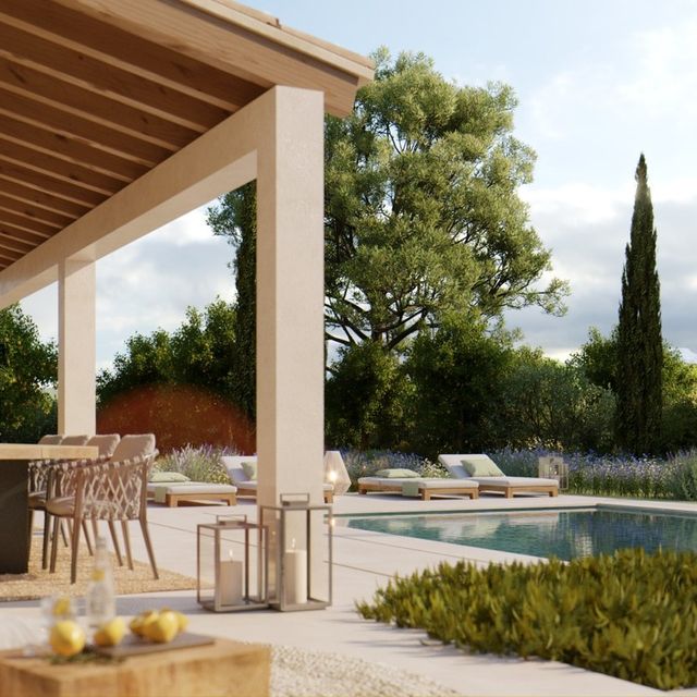 Jardín con piscina